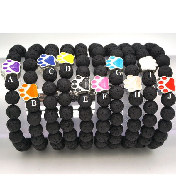 New Natural Black Lava Stone Bracelets Colorful Dog Paw Footprint Bracelets Men Women Stretch Yoga Jewelry