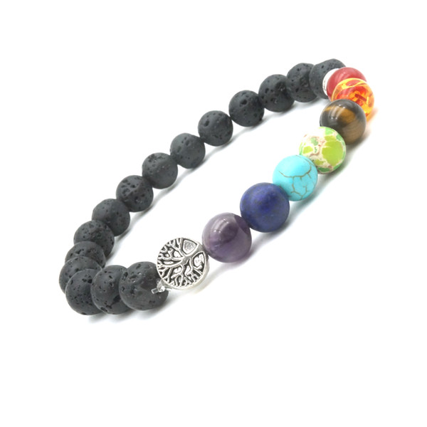 Tree of Life Chakras Natural Black Lava Stone Bracelets Aromatherapy Essential Oil Diffuser Bracelet for Men Women Energy Yoga Jewelry