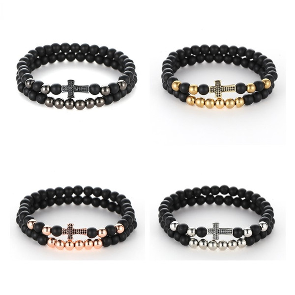 2pcs/set Couple Lover Bracelet Set Paved Zircon Cross Matted Black Agate Stone Beads Bracelet Balance Yoga Friendship Wristband Jewelry