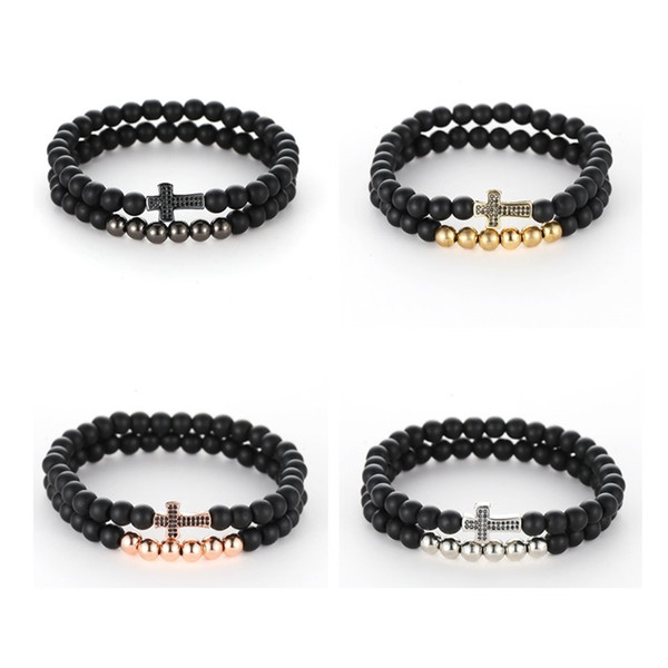 2pcs/set Couple Lover Bracelet Set Crystal Cross Matted Black Agate Stone Beads Bracelet Balance Yoga Friendship Wristband Jewelry