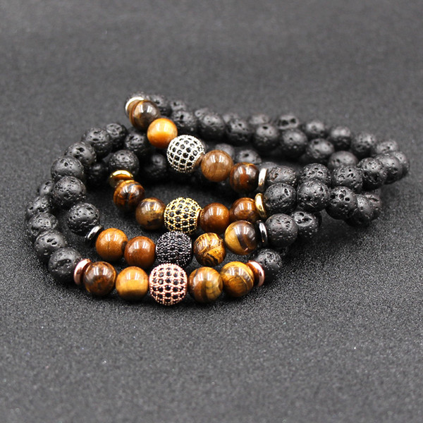 Fashion Paved Zircon Ball Bracelet 8mm Black Lava Rock Stone Beads Bracelet Essential Oil Perfume Diffuser Wristband Jewelry