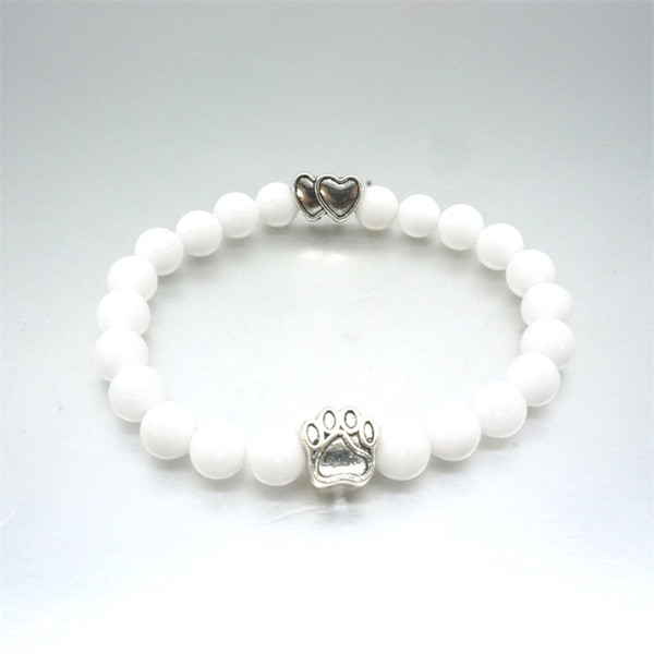 8mm Porcelain White Stone Beads Bracelet Vintage Silver Cat Dog Paw Hearts Bracelet Pet Lover Stretch Yoga Jewelry