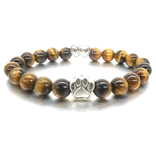 8mm Tiger's Eye Stone Beads Bracelet Vintage Silver Cat Dog Paw Hearts Bracelet Pet Lover Stretch Yoga Jewelry