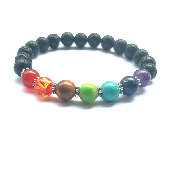 Seven Chakras Black Lava Stone Bracelet Aromatherapy Essential Oil Diffuser Bracelet Snowflake Spacer Men Women Stretch Jewelry