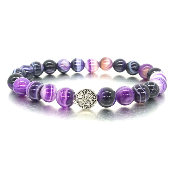 New Tree of Life Charms Bracelet Natural Purple Stripe Agate Stone Beads Bracelet for Men Women Stretch Yoga Jewelry