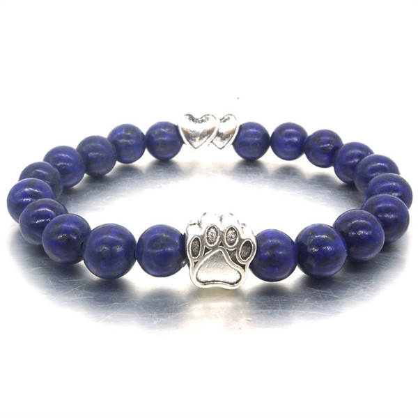 8mm Lapis Lazuli Stone Beads Bracelet Vintage Silver Cat Dog Paw Hearts Bracelet Pet Lover Stretch Yoga Jewelry