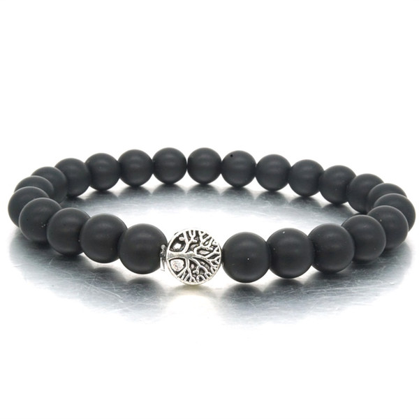 8MM Matted Black Stone Beads Bracelet Tree of Life Charms Bracelet for Men Women Stretch Yoga Jewelry