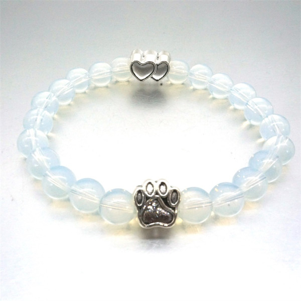 Transparent Opal Beads Bracelet Vintage Silver Cat Dog Paw Hearts Bracelet Pet Lover Stretch Yoga Jewelry