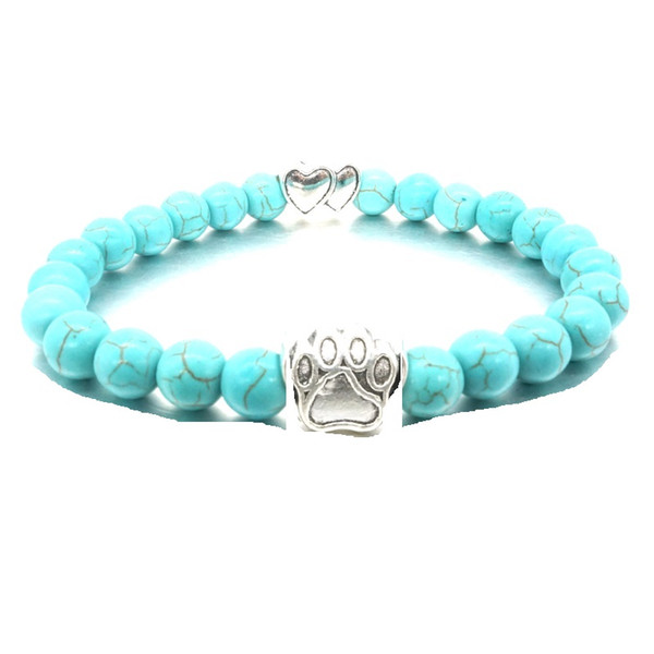 8mm Turquoise Stone Beads Bracelet Vintage Silver Cat Dog Paw Hearts Bracelet Pet Lover Yoga Jewelry