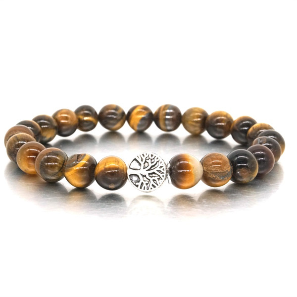 Vintage Silver Tree of Life Charms Bracelet Natural Tiger's eye Stone Beads Bracelet for Men Women Stretch Yoga Jewelry