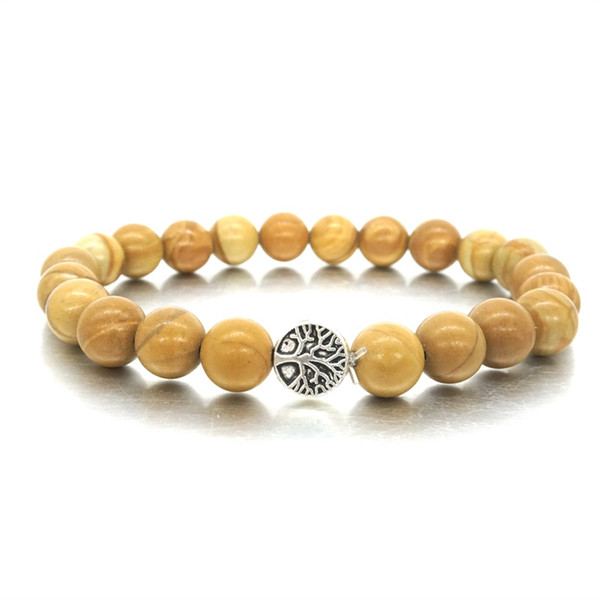 8MM Light Brown Stone Beads Bracelet Tree of Life Charms Bracelet for Men Women Stretch Yoga Bracelet Handmade Jewelry