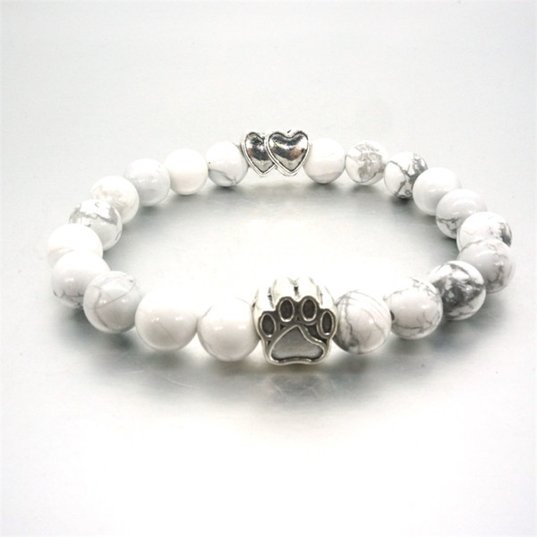 8mm White Turquoise Stone Beads Bracelet Silver Cat Dog Paw Hearts Bracelet Pet Lover Stretch Yoga Jewelry