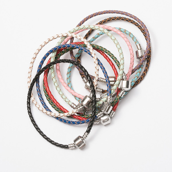 Fashion Silver Plated Cooper Woven Genuine Leather Bracelet Fit for Pandora Charm Beads DIY Bracelets Bangle 3MM Wholesale Price 9 Colors