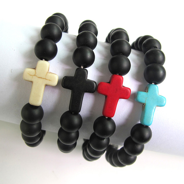 Black Artificial Stone Cross Chakra Men Beads Bracelets Man Fashion Strand Strength Beaded Bracelet Bangle Costume Jewelry Wholesale