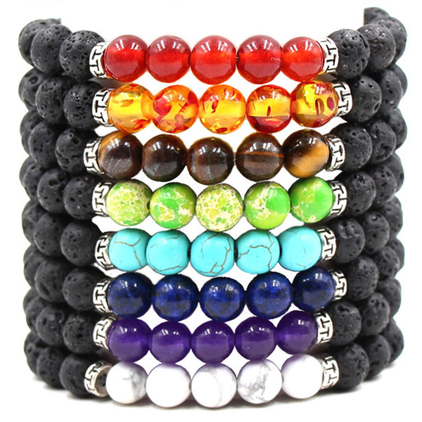 Men Women Jewelry 8mm Lava Chakra Braceles Essential Oil Diffuser Bracelet Elastic Natural Stone Yoga Beads Bracelet Charm Jewelry