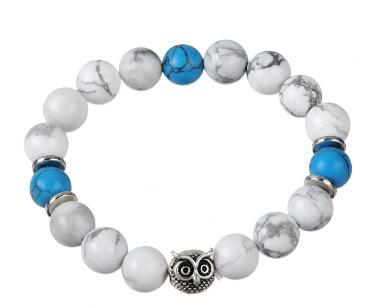 lemegeton Fashion White and Blue Nutural Stones Owl Charm Jewelry Elastic Beaded Bracelet for Women and Girl Gift