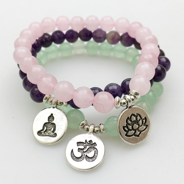 SN1140 Fashion Women`s Bracelet Amethyst Green Aventurine Rose Quartz Mala Bracelets Lotus Ohm Buddha Bracelet Free Shipping