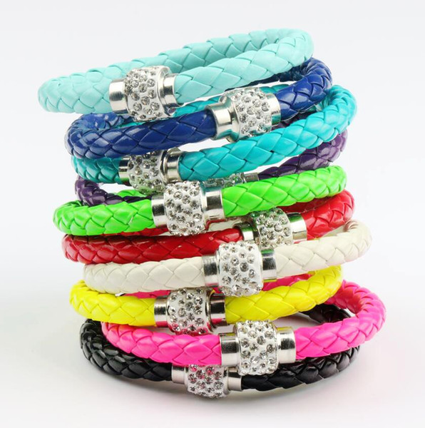 New 50 colors MIC Shambhala Weave Leather Czech Crystal Rhinestone Cuff Clay Magnetic Clasp Bracelets Bangle 3size length 19cm 21cm 23cm