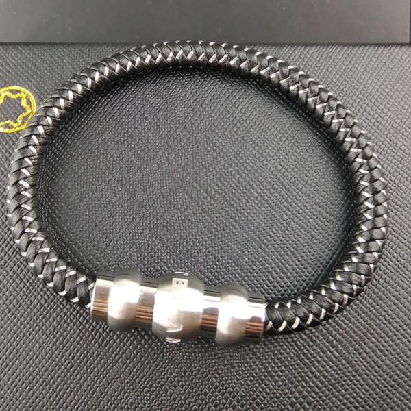 Fashion brand titanium steel beads bangles steel and genuine leather braided men cool strand bracelets