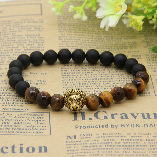 New Design Mens Bracelets Wholesale 8mm Natural Tiger Eye and Matte Agate Stone Beads Gold Lion Head Bracelets, Party Gift