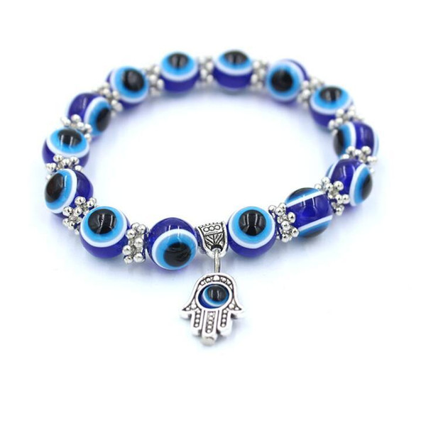 Fashion 8mm Resin Beads Bracelet Vintage Bohemian Blue Eyes Fatima Hand Hamsa Stretch Elastic Mens Bracelet