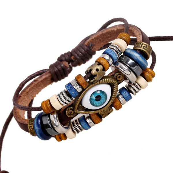 Wholesale-YL Vintage Genuine Leather Evil Eye Bracelets For Male Multi Layer Beads Braclets Pulseira de Couro Masculina Good Luck Jewelry