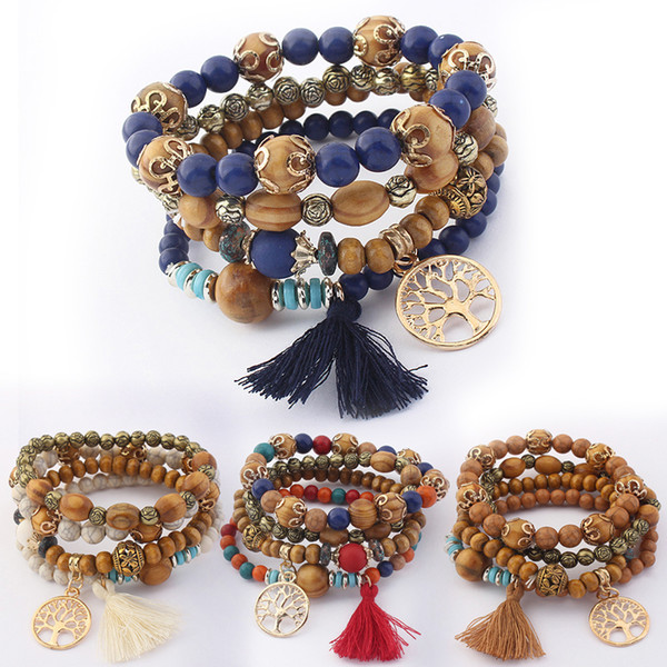 5 Styles New Bohemian Beach Multilayer Wood Beads Tassel Tree Of Life Charm Bracelets Bangles For Women Gift Wrist Mala Bracelet B630S