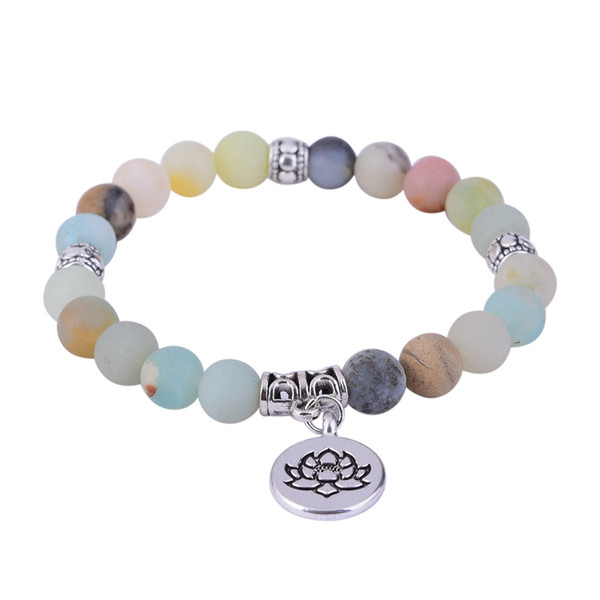 Frosted Amazonite Natural Stone Bracelet OM White Lotus Life Tree Buddha Bracelets For Men Women Yoga Mala Bead Healing Jewelry