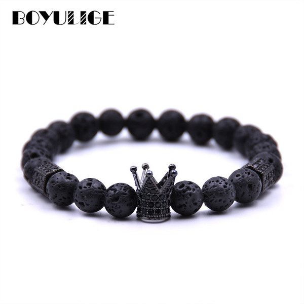 BOYULIGE 2018 Trendy Lava Stone Men Jewelry Black Gold CZ Imperial Crown Bracelets for Women and Mens Lovers Pulseras Masculina