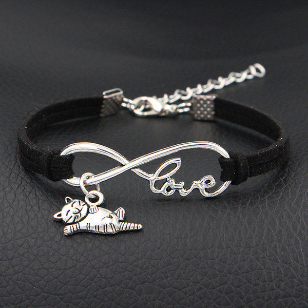 AFSHOR 2018 New I Love My Happy Cat Animal Charms Bracelet Antique Silver Infinity Love Leather Bracelets For Women Fashion Jewelry