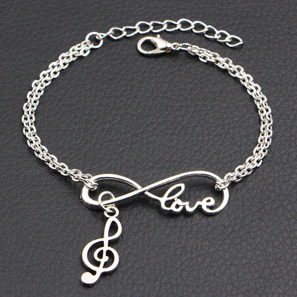 New Arrival Infinity Love Music Note Pendant Charm Bracelets & Bangles Boho Fashion Handmade Silver Double Link Chain Women Men Jewelry Gift