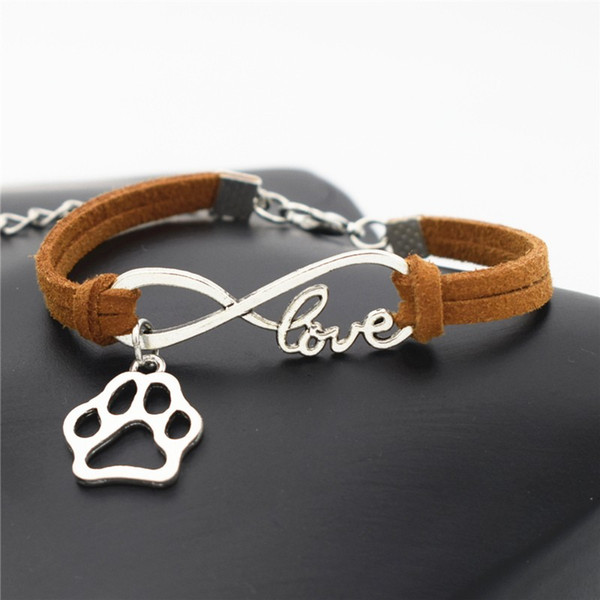 AFSHOR 2018 Women Stylish Personalized Antique Silver Pets Dogs Lover Animal Charms Pendant Leather Infinity Love Bracelet AF008