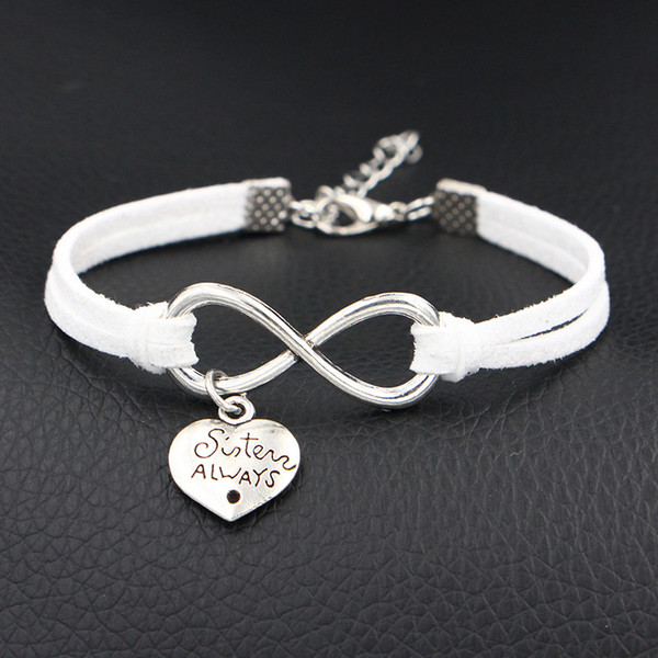 AFSHOR 2018 New Sister Always Best Friend Love Heart Charms Bracelet Antique Silver Love Infinity Leather Bracelets For Women