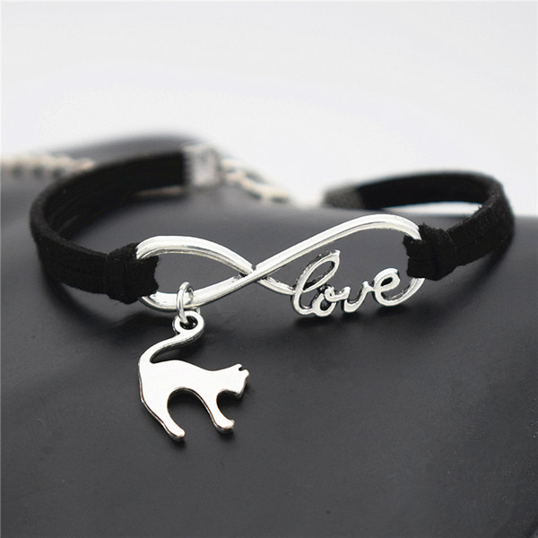 AFSHOR New 2018 Antique Silver Infinity Love Elegant Cat Charm Pendant Leather Bracelets for Women Girls Cute Cats Jewelry Accessories AF020