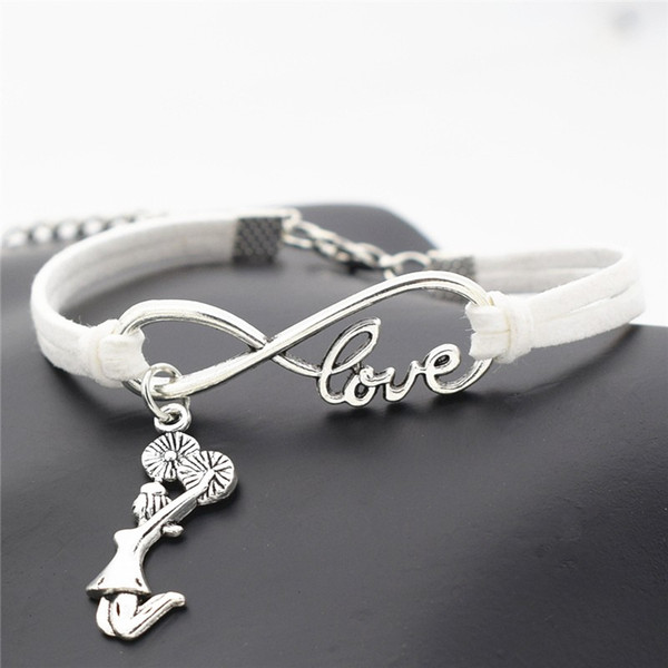 Hot Vintage Chic Infinity Love Cheerleader Cheer Team Girls Pendant Wristlet Bracelet Simple White Leather Suede Rope Wristband Cuff Jewelry