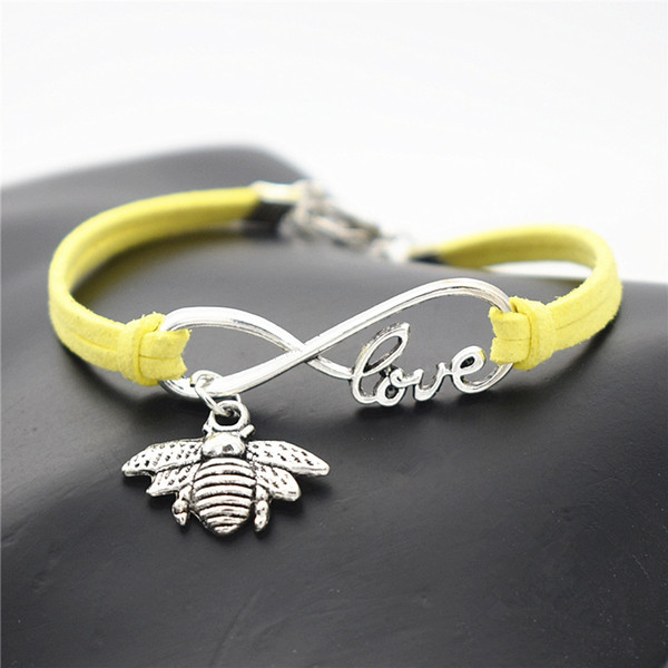 Fashion Silver Color Infinity Love Cute Honeybee Honey Bee Pendant Charm Bracelets Yellow Leather Suede Rope Cuff Fine Jewelry for Women Men