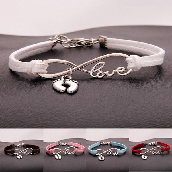 AFSHOR Fashion Personality Foot Gifts Antique Silver Children's Feet Charm Pendant Leather Infinity Love Bracelets Unique Women Jewelry