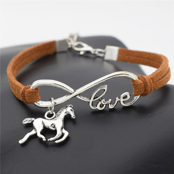 New Fashion Silver Love Horse Charm Infinity Brown Leather Suede Cords Wrap Bangles Bracelets for Women Men Horse Jewelry for Christmas Gift