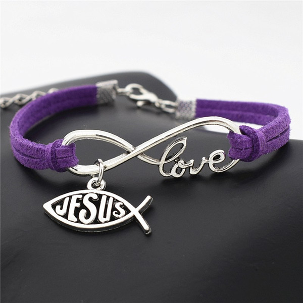 Original Silver Alloy Infinity Love Jesus Cross Fish Pendant Bracelet With Purple Leather Suede Rope Charm Bangle for Women Men DIY Jewelry