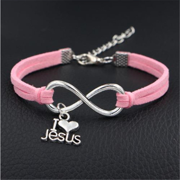 New Fashion Women Men Jewelry Retro DIY Infinity I Love Jesus Heart Friendship Rock Style Pink Leather Rope Bracelet Bangles Adjustable Gift