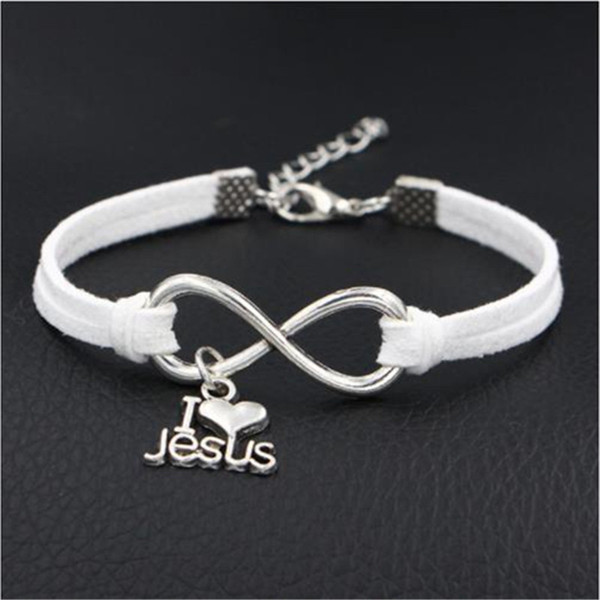 New Hot Fashion White Leather Jewelry Elegant Woman Antique Silver Plated Brand Infinity I Love Jesus Heart Bracelets For Women Men Party