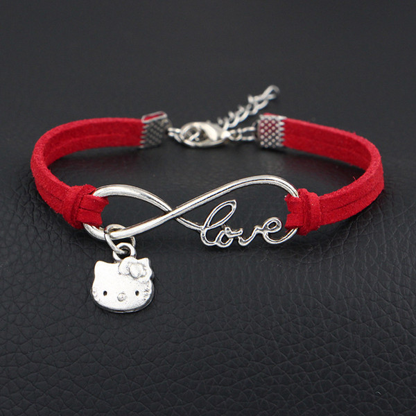 AFSHOR Brand Top Quality Fashion Jewelry New Arrivals Exaggerated Personality Design Infinity Love Cat Pendant Red Leather Bracelet Bangles