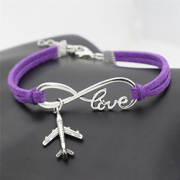 Romantic Love Purple Leather Rope DIY Charm Bracelet Infinity Love Aircraft Pendant Bangles for Men Women Jewelry Christmas New Year's Gifts