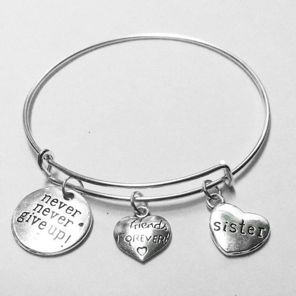 Handmade Bracelet Bangles Never Never Give Up Friends Forever Sister Heart Pendant Accessories Charm Bracelet Quote Jewelry Party Favor Gift