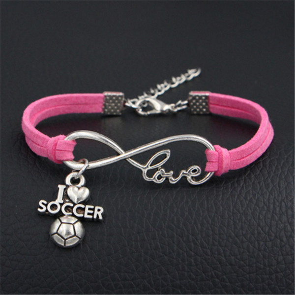 Wholesale Designer Fashion Jewelry Zinc Alloy Infinity Love I Soccer Heart Hot Pink Leather Bracelet For Women Men Kids Girl Free Shipping