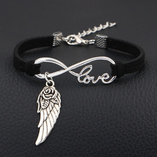 AFSHOR 2018 New Arrival Flower Wings Charms Bangles Antique Vintage Silver Infinity Love Leather Bracelet For Women Men Fashion Jewelry Gift