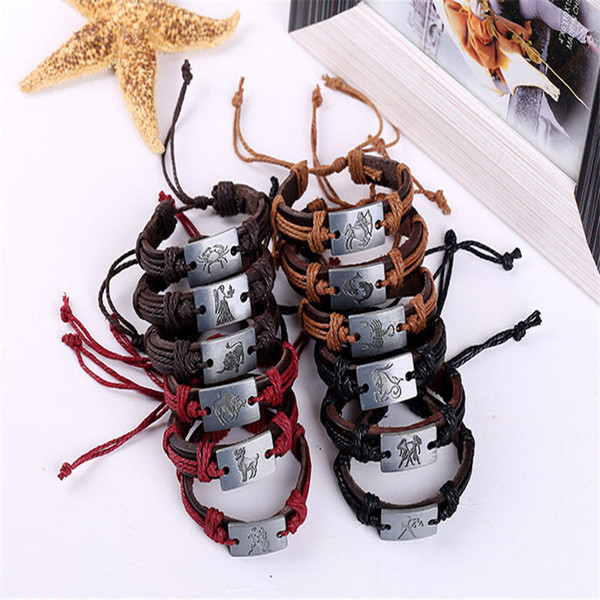 2019 New 12 Constellation Alloy Charm Bracelets & Bangles Fit European 4 Color Cowhide Genuine Leather Rope Women Men DIY Brand Jewelry Gift