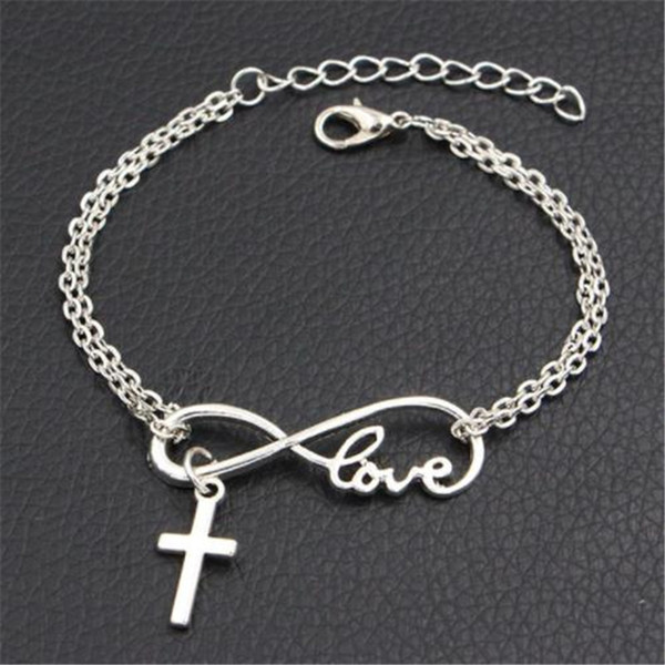 2019 Newest Silver Color Cute Double Infinity Love Jesus Cross Christian Pendant Charm Fit Chain DIY Charm Bracelets For Womens Mens Jewelry