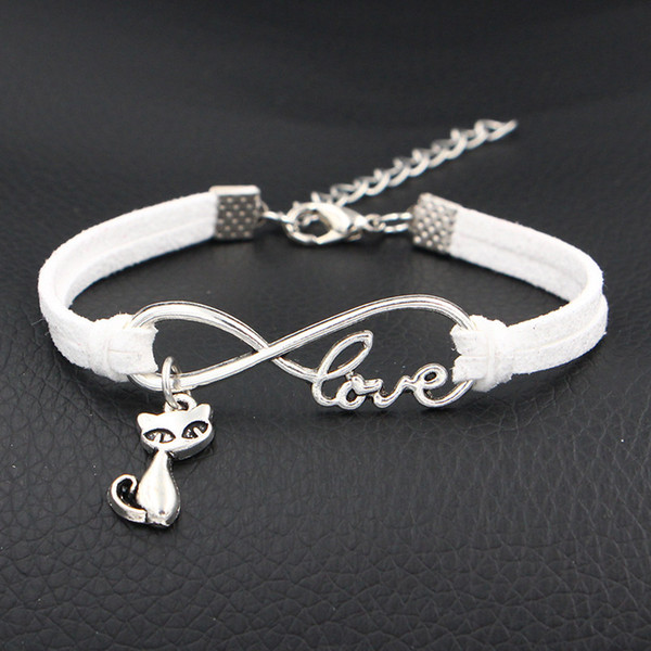 2018 Personality White Leather Rope Jewelry Women with Alloy Infinity Love Cute Cat Pendant Adjustable Fashion Women Men Bracelets & Bangles