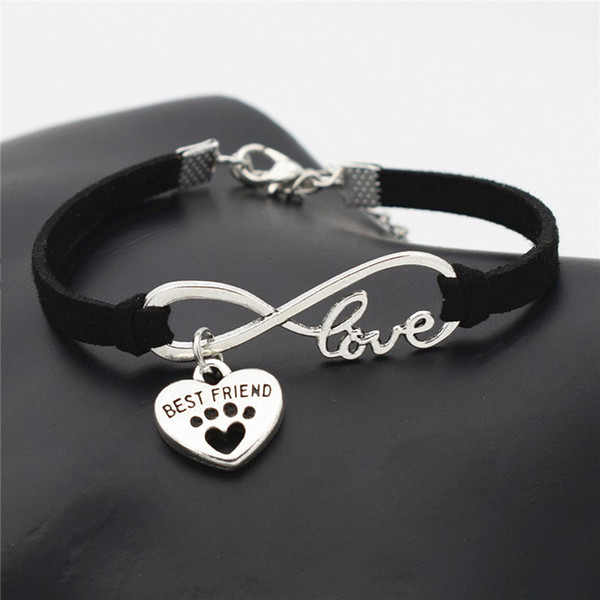 2018 New Fashion Black Color Leather Rope Jewelry Infinity Love Pets Dog Paw Best Friend Bracelet Women Men Charm Survival Rope Chain Bangle